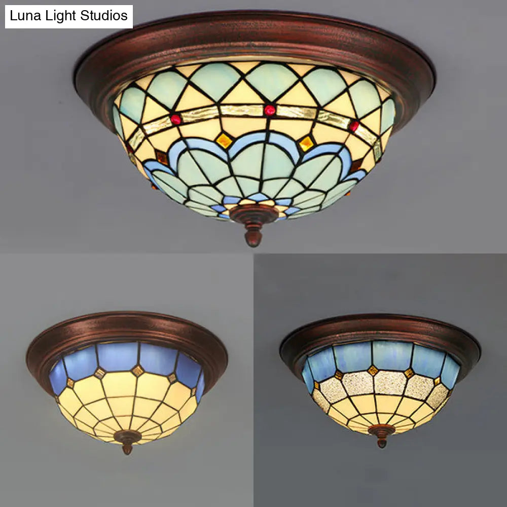 Lodge Stained Glass Bowl Ceiling Light Fixture - 1 Bulb Flushmount In Blue & White
