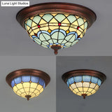 Lodge Stained Glass Bowl Ceiling Light Fixture - 1 Bulb Flushmount In Blue & White