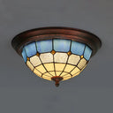 Lodge Stained Glass Bowl Ceiling Light Fixture - 1 Bulb Flushmount In Blue & White Clear