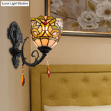 Lodge Stained Glass Wall Sconce Lighting Fixture With Crystal 1-Light