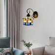 Lodge Stained Glass Wall Sconce With Curved Arm - Mini Mount Light Blue