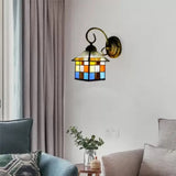 Lodge Stained Glass Wall Sconce With Curved Arm - Mini Mount Light Blue