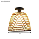 Lodge Style Bamboo Bucket Shade Semi Flush Light - Stylish Beige Ceiling Lighting For Corridor
