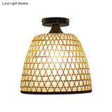 Lodge Style Bamboo Bucket Shade Semi Flush Light - Stylish Beige Ceiling Lighting For Corridor