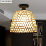 Lodge Style Bamboo Bucket Shade Semi Flush Light - Stylish Beige Ceiling Lighting For Corridor