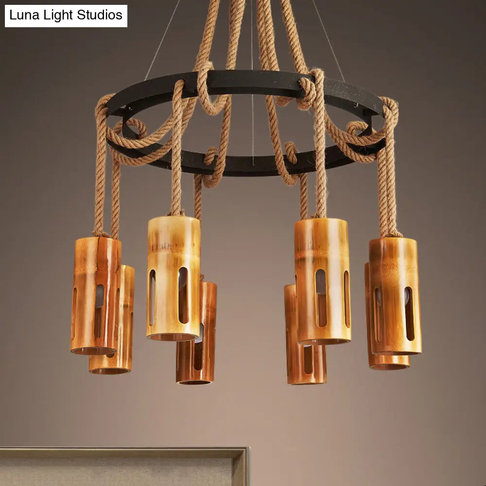 Lodge Style Bamboo Chandelier Pendant Lamp With Multi Lights And Hanging Rope