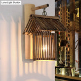 Lodge-Style Beige Wall Sconce With House Bamboo Shade - Bedroom Light