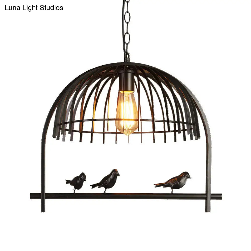 Lodge Style Birdcage Hanging Light Fixture - Iron Pendant With Dome Shade In Rust/Black