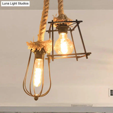 Lodge Style Black Caged Ceiling Fixture With Metal And Rope Hangings - 2 Lights Unique Shade For