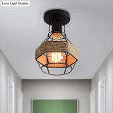 Lodge Style Metal And Rope Semi Flush Mount Ceiling Light With Black Finish - Ideal For Hallway