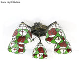 Lodge Style Stained Glass Rose Semi Flushmount With 5 Heads For Living Room - Clear/White Flush