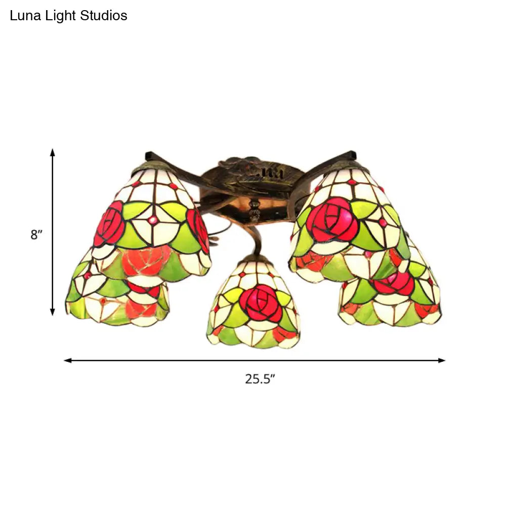 Lodge Style Stained Glass Rose Semi Flushmount With 5 Heads For Living Room - Clear/White Flush