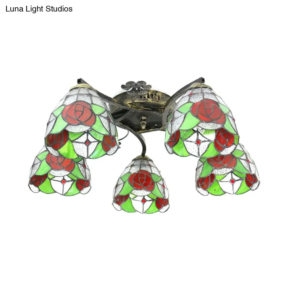 Lodge Style Stained Glass Rose Semi Flushmount With 5 Heads For Living Room - Clear/White Flush