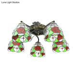 Lodge Style Stained Glass Rose Semi Flushmount With 5 Heads For Living Room - Clear/White Flush