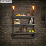 Loft Style 3-Tier Pipe Shelf Wall Lamp With Black Iron Finish And 2 Lights