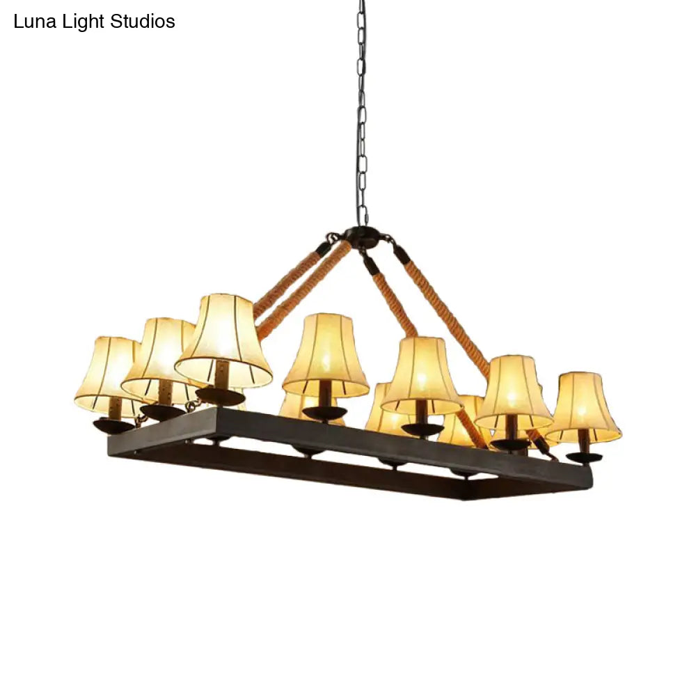 Loft Style Black Fabric Island Lamp With 12 Lights Rope Pendant And Iron Rectangle Frame - Ideal For