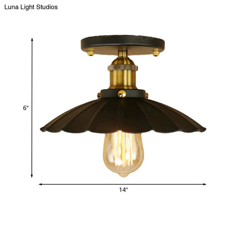 Loft Style Black Scalloped Edge Semi Flush Mount Light - 2 Lights Metal Ceiling Mounted Indoor