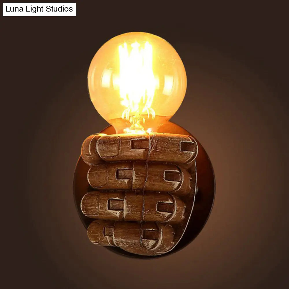 Loft Style Brown Fist Wall Lamp: Resin Sconce Light For Living Room