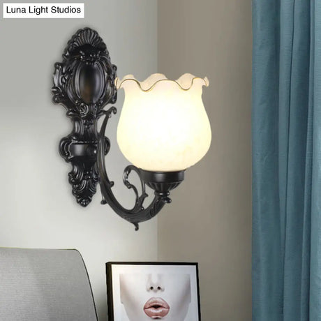 Loft Style Bud Wall Mount Lamp - Opaline Glass Lighting Fixture (Single Bulb) Black/White/Brass