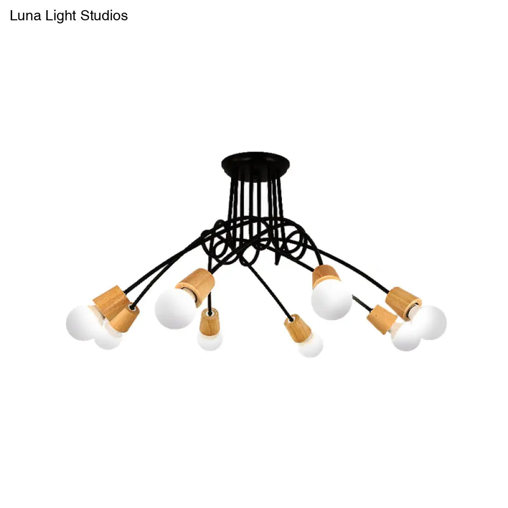 Loft Style Metal Ceiling Light With Open Bulb & Twisted Arm – 3/5 Lights Wood Accent Perfect For