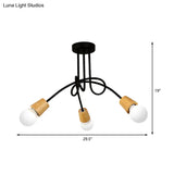 Loft Style Metal Ceiling Light With Open Bulb & Twisted Arm – 3/5 Lights Wood Accent Perfect For