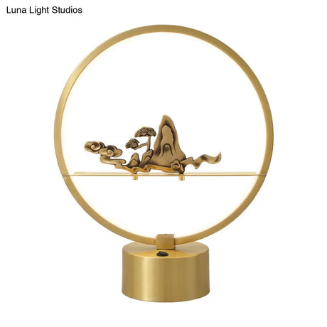 Loop Led Table Light: Artistic Metal Brass Night Lamp With Carved Mountain Decor