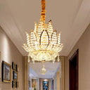 Lotus Faceted Crystal Ball Chandelier - Modern Gold Hanging Light 3 Lights For Hallway
