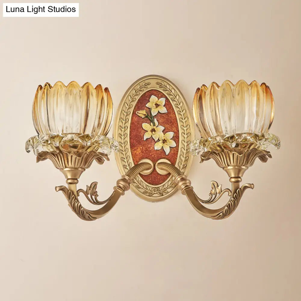 Lotus Ribbed Glass Wall Light Kit - Antique 1/2-Light Living Room Sconce In Gold