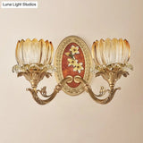 Lotus Ribbed Glass Wall Light Kit - Antique 1/2-Light Living Room Sconce In Gold