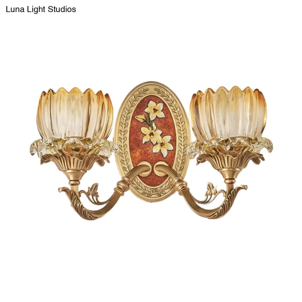 Lotus Ribbed Glass Wall Light Kit - Antique 1/2-Light Living Room Sconce In Gold