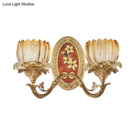 Lotus Ribbed Glass Wall Light Kit - Antique 1/2-Light Living Room Sconce In Gold