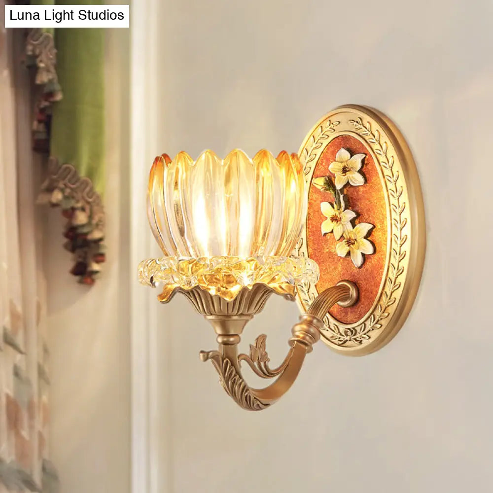 Lotus Ribbed Glass Wall Light Kit - Antique 1/2-Light Living Room Sconce In Gold