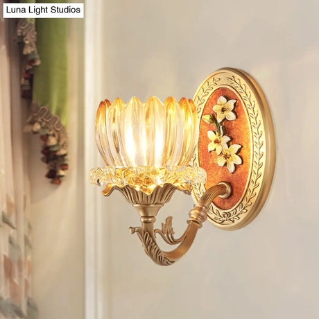 Lotus Ribbed Glass Wall Light Kit - Antique 1/2-Light Living Room Sconce In Gold