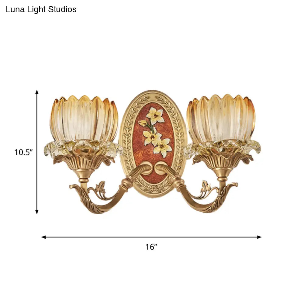 Lotus Ribbed Glass Wall Light Kit - Antique 1/2-Light Living Room Sconce In Gold