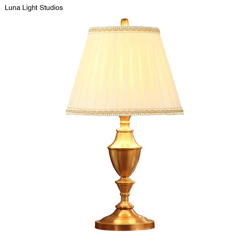 Lucie - Brass Night Table Lamp: Rustic Fabric Pleated Lampshade Desk Light
