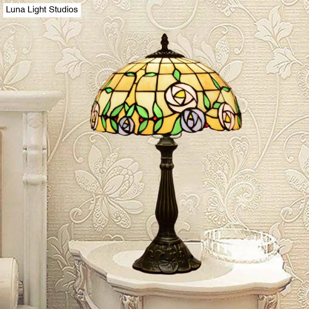 Ludovica - Tiffany Bronze Table Lamp with Rose Patterned Grid Stained Glass Shade Bronze