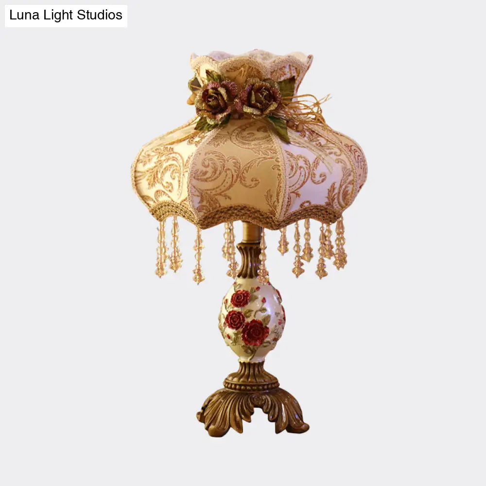 Luxury Coffee Vase Table Lamp With Fabric Shade And Crystal Drop - Resin Nightstand Light