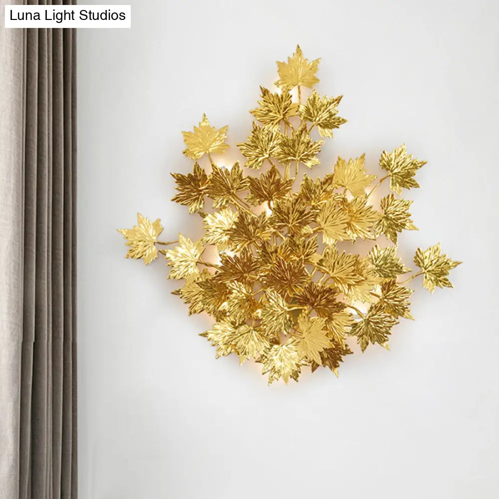 Luxury Gold Aluminium Maple Leaf Wall Sconce Light - 2/8 Heads For Living Room