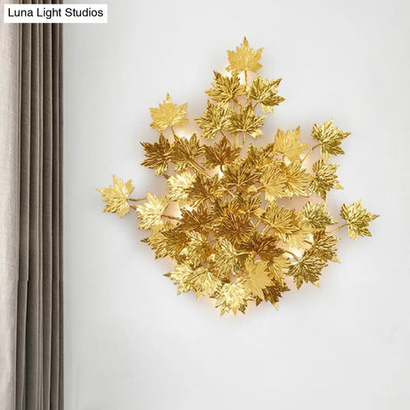Luxury Gold Aluminium Maple Leaf Wall Sconce Light - 2/8 Heads For Living Room