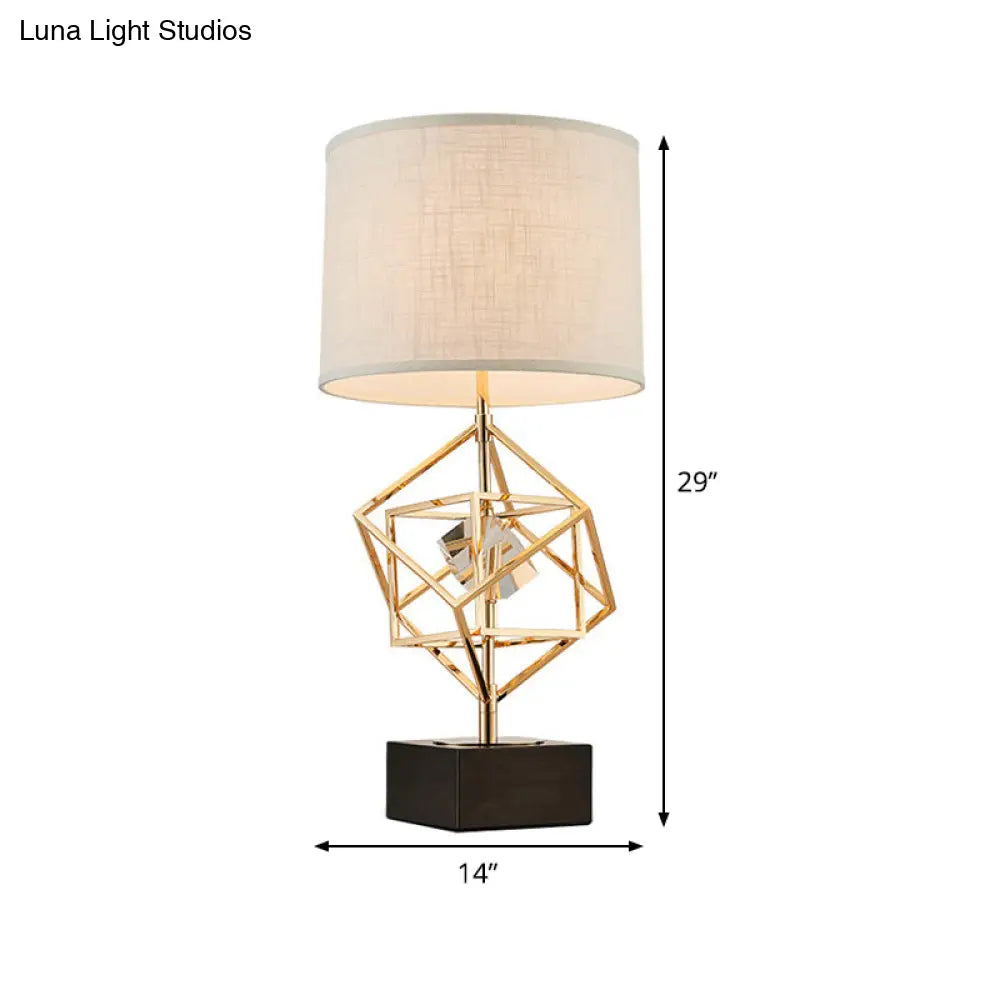 Luxury Gold Fabric Bedroom Nightstand Lamp With Stone Pedestal