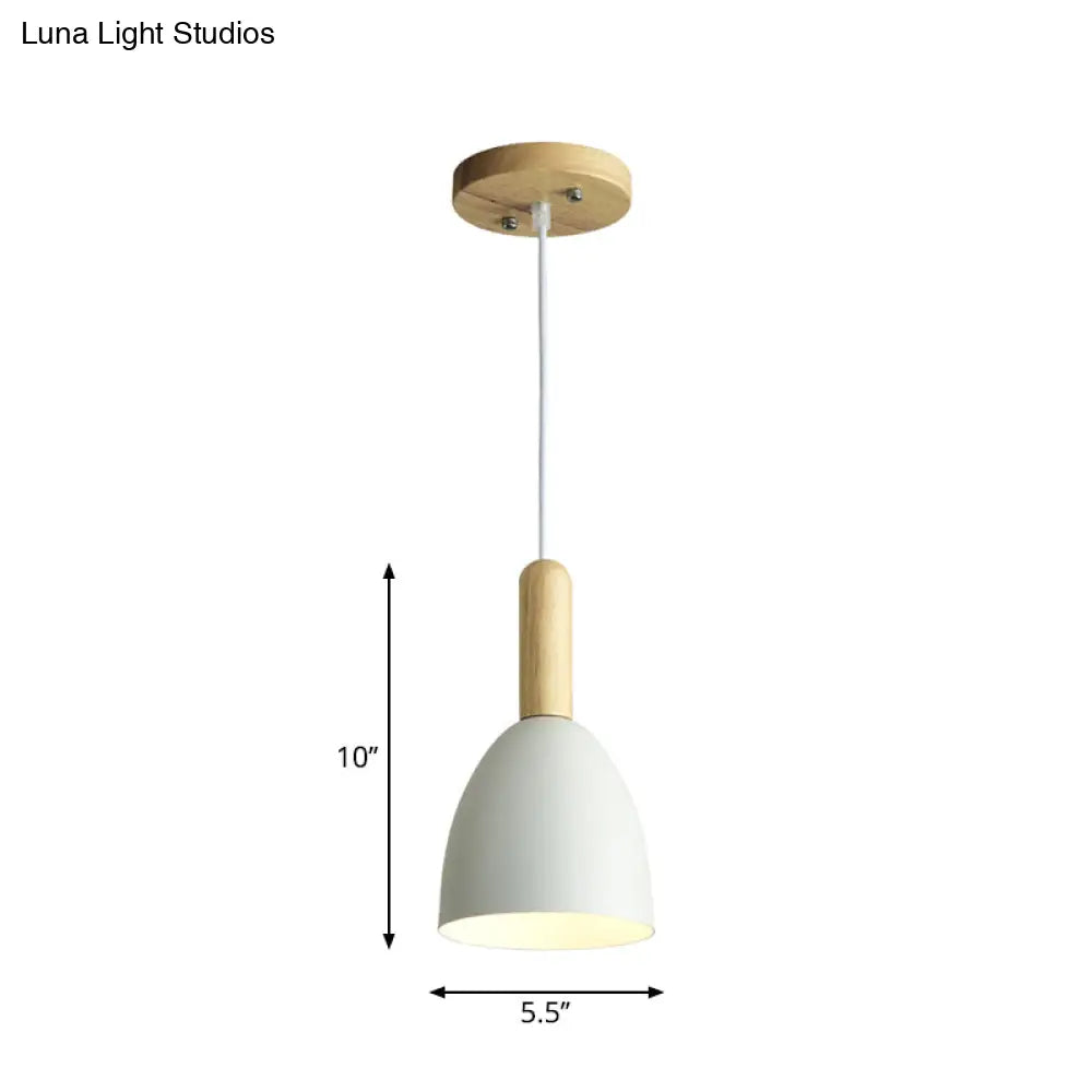 Macaron 1-Head Pendant Light: Metallic Bell Hanging With Wooden Handle