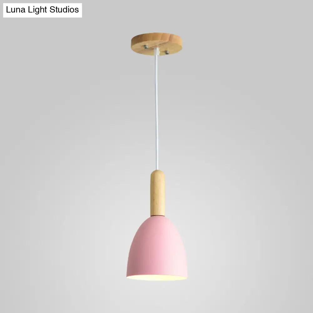 Macaron 1-Head Pendant Light: Metallic Bell Hanging With Wooden Handle