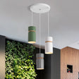 Macaron 3-Light Pendant: Metallic White-Grey-Green Tubes With Wood Band