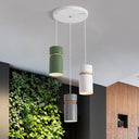 Macaron 3-Light Pendant: Metallic White-Grey-Green Tubes With Wood Band