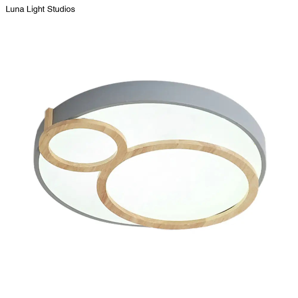 Macaron Acrylic Led Flush Mount Light Fixture With Wood Accent - White/Green/Grey
