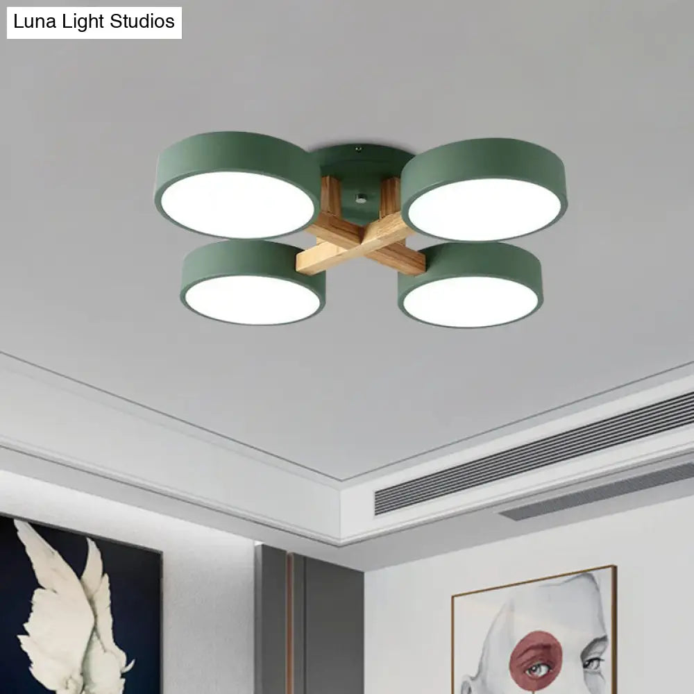 Macaron Drum Shade Led Ceiling Lamp - Green/Grey/White Bedroom Flush Light