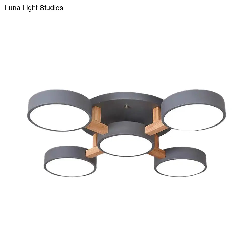 Macaron Drum Shade Led Ceiling Lamp - Green/Grey/White Bedroom Flush Light
