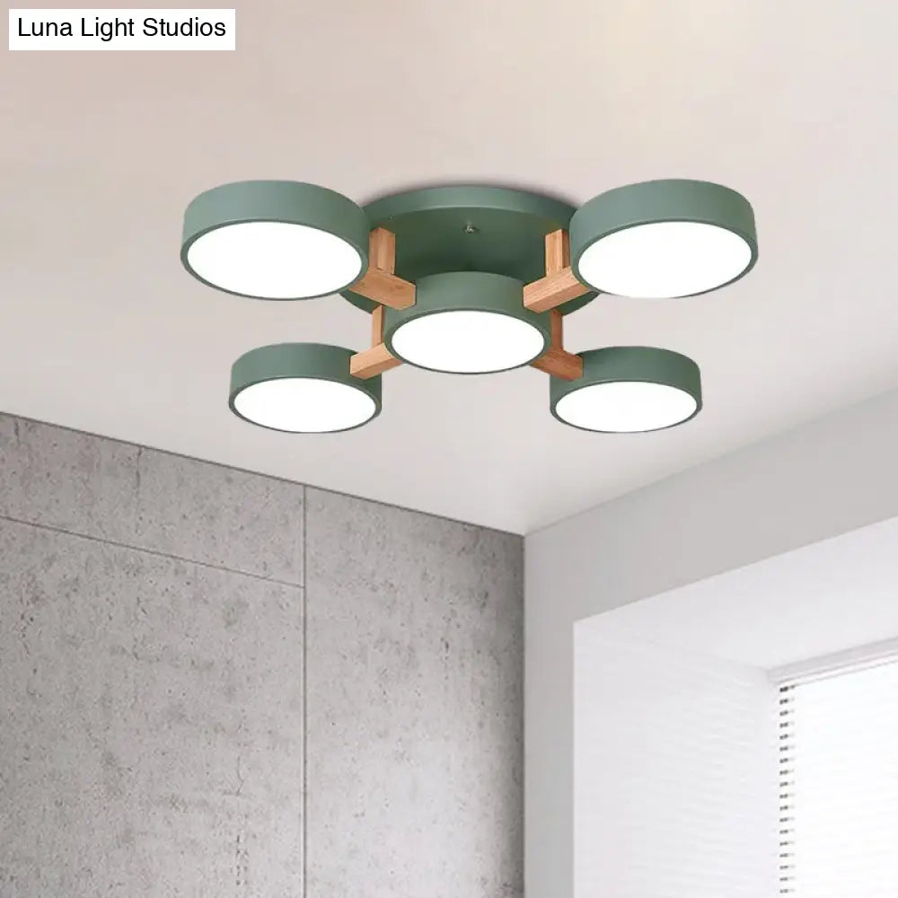 Macaron Drum Shade Led Ceiling Lamp - Green/Grey/White Bedroom Flush Light