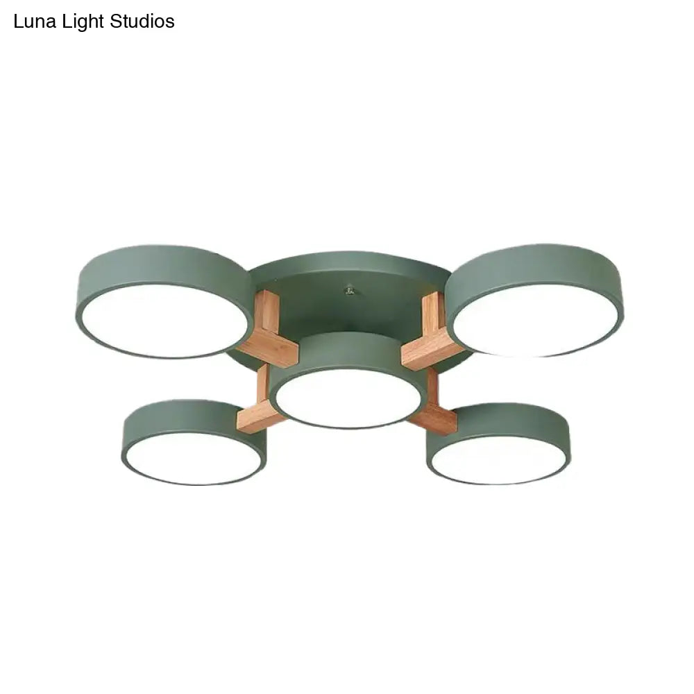 Macaron Drum Shade Led Ceiling Lamp - Green/Grey/White Bedroom Flush Light