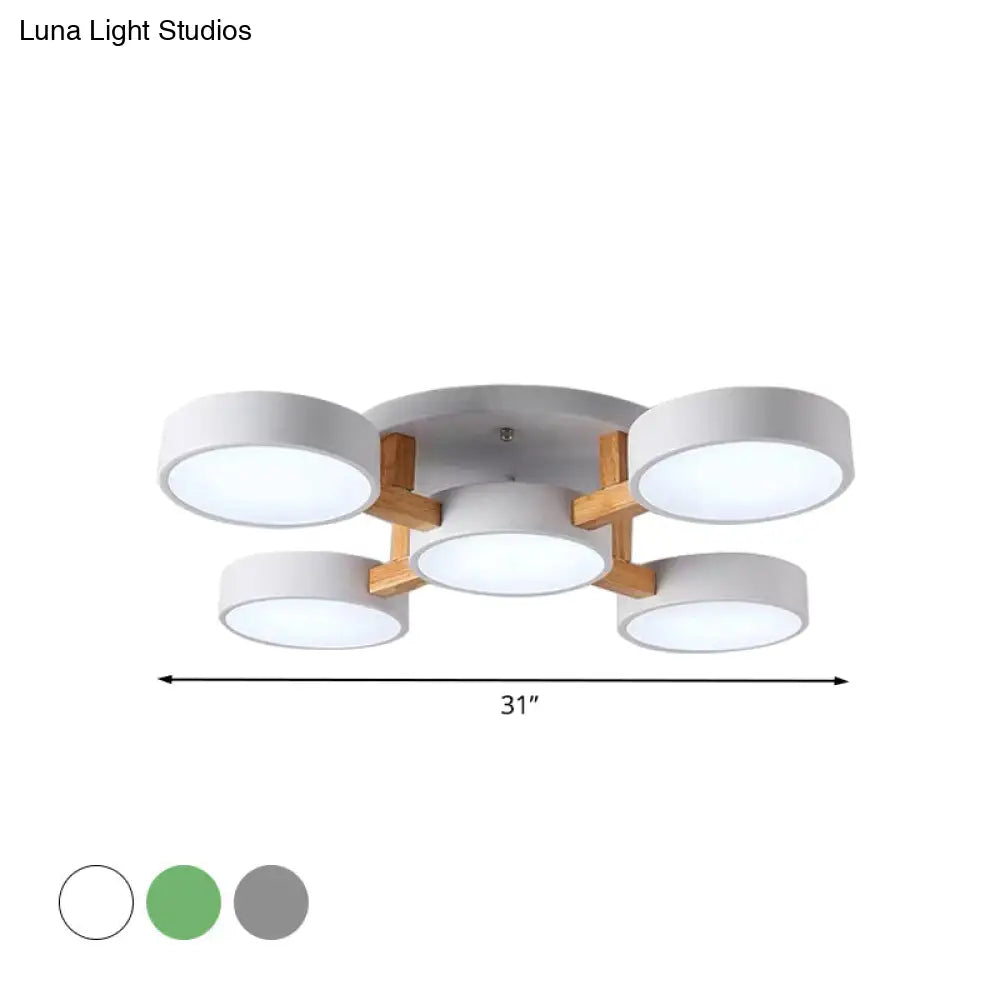 Macaron Drum Shade Led Ceiling Lamp - Green/Grey/White Bedroom Flush Light